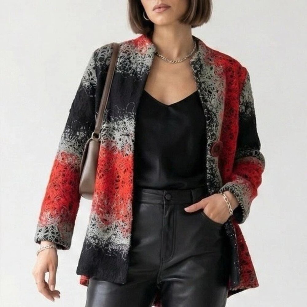 Yushi Red Black String Textured Artsy Lagenlook Button Front Jacket Sz L